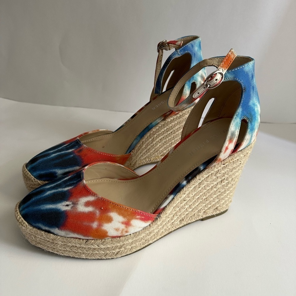 Marc Fisher Tie Dye SHOES 8.5 M Espadrille Wedge SANDALS Teelan Canvas Strappy